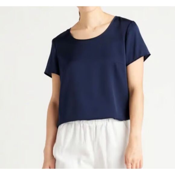 NWT Quince Washable Stretch Silk Tee Navy Blue Top XL Minimalist - Picture 1 of 7